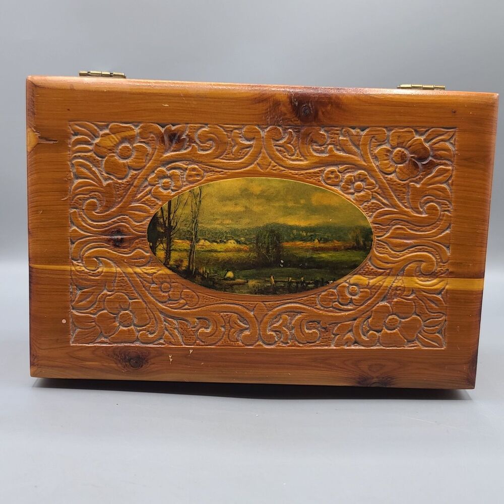Vintage Carved Wooden Dove Tailed Cedar Dresser Jewelry Trinket Box